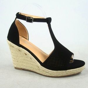 Women’s Black T-Strap Espadrille Wedge Sandals